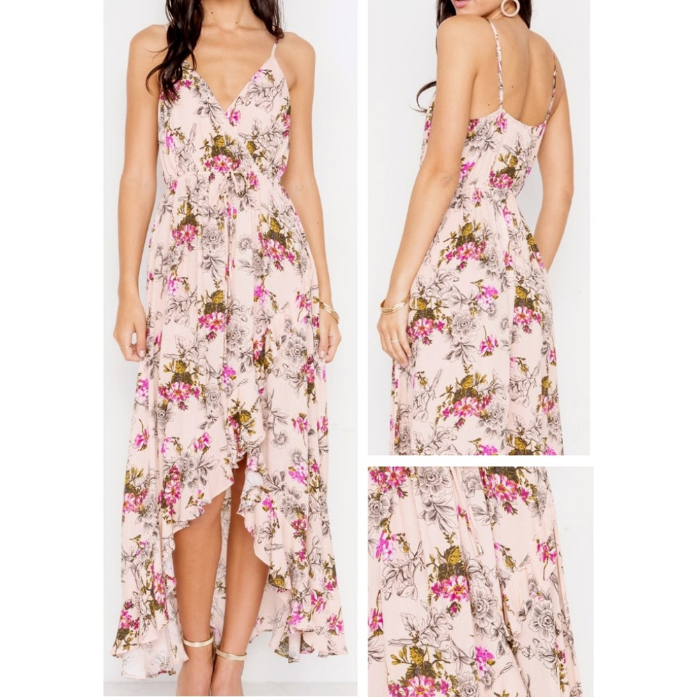 Nude Pink Floral V-Neck Ruffle Skirt Maxi Dress - Picture 5 of 8